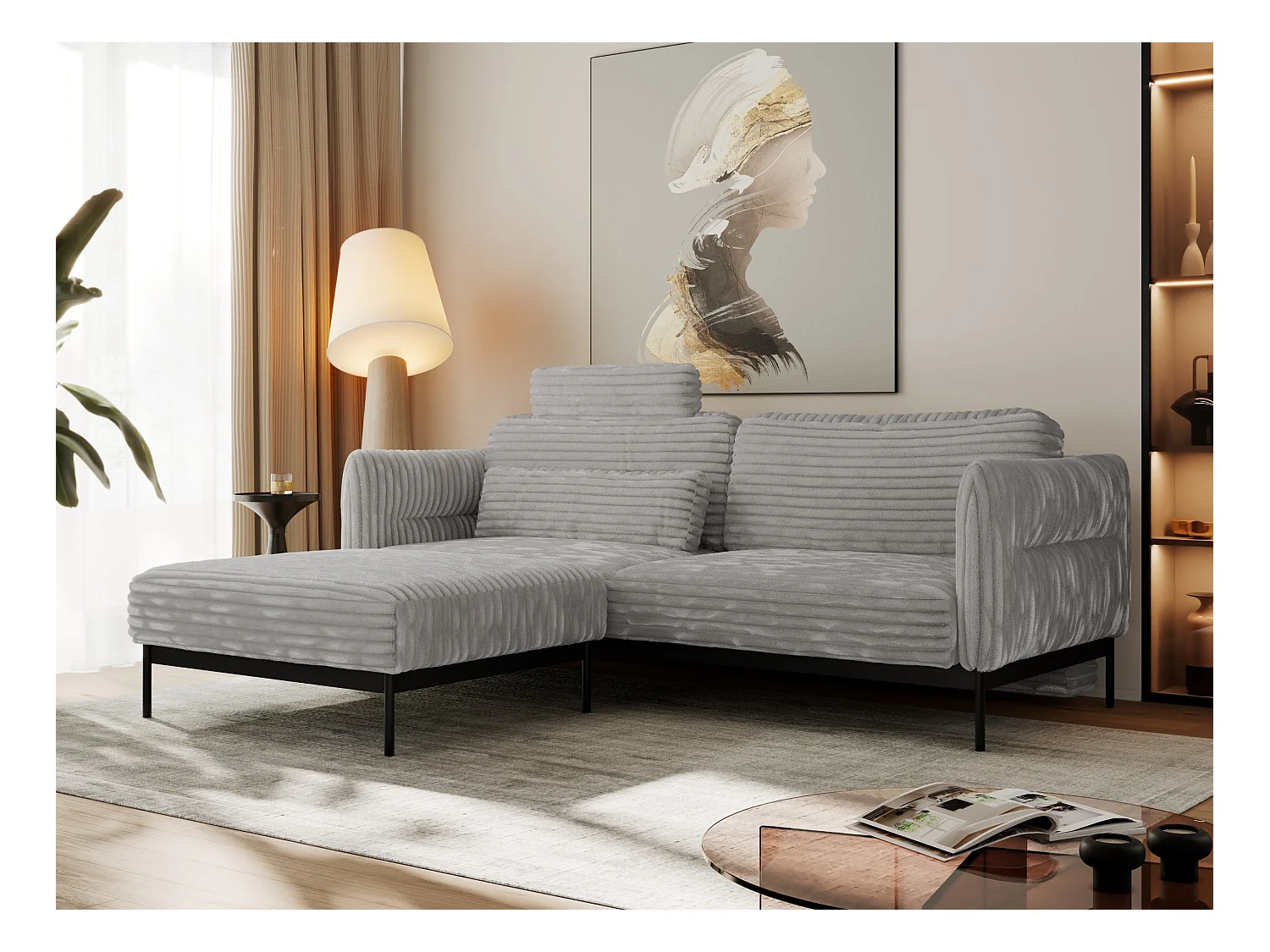 Ecksofa SALENTO - mit Metallbeine, Schlafsofa, mobilen Fußhocker, lose Kissen - Hellgrau Cord