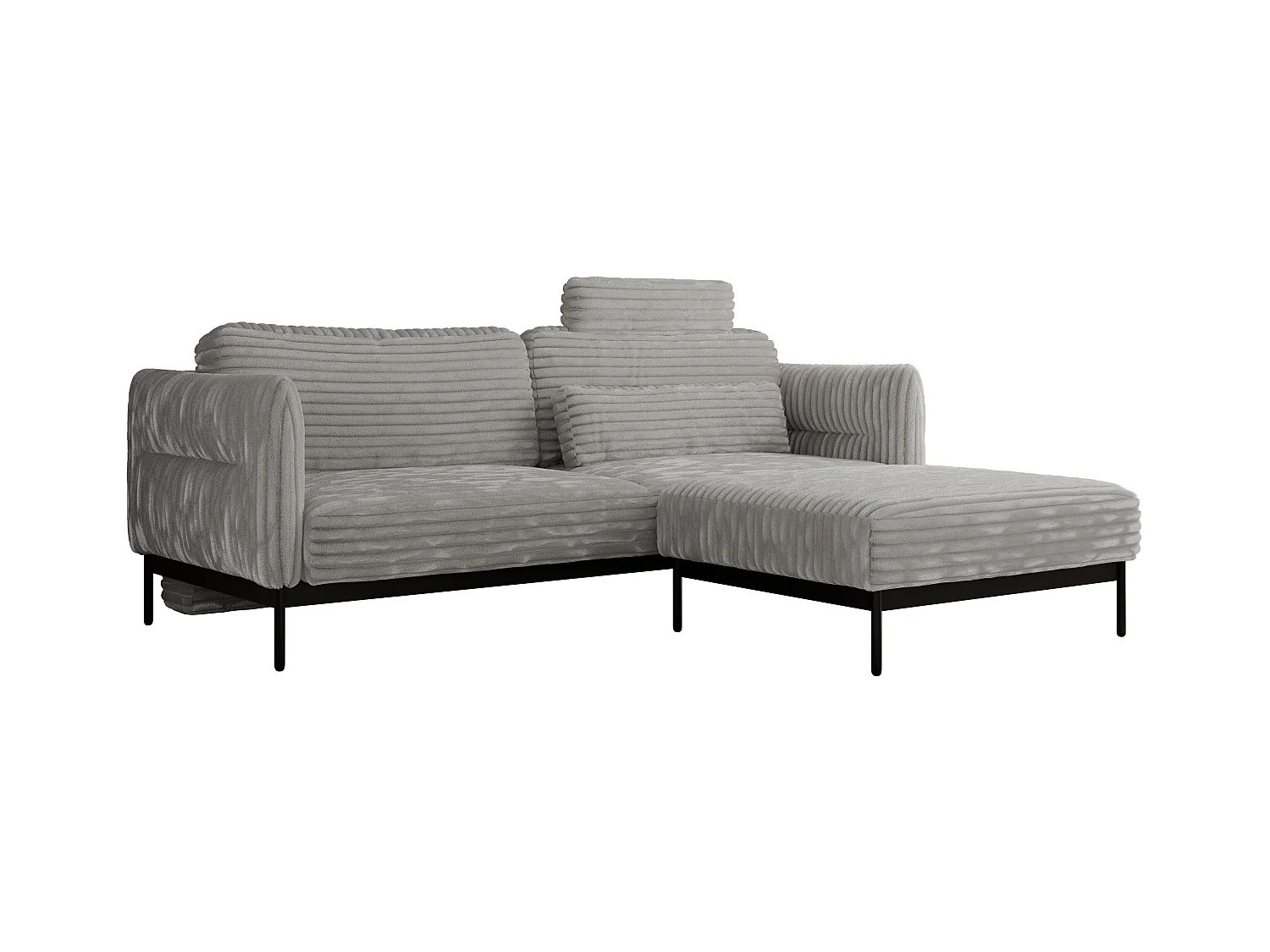 Ecksofa SALENTO - mit Metallbeine, Schlafsofa, mobilen Fußhocker, lose Kissen - Hellgrau Cord