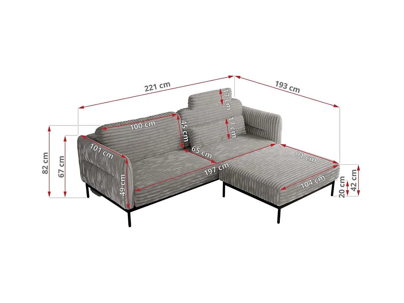 Ecksofa SALENTO - mit Metallbeine, Schlafsofa, mobilen Fußhocker, lose Kissen - Hellgrau Cord