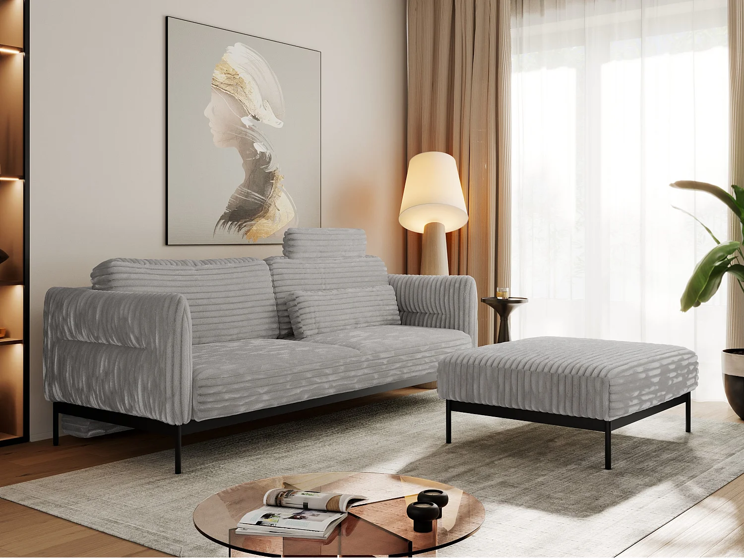 Ecksofa SALENTO - mit Metallbeine, Schlafsofa, mobilen Fußhocker, lose Kissen - Hellgrau Cord