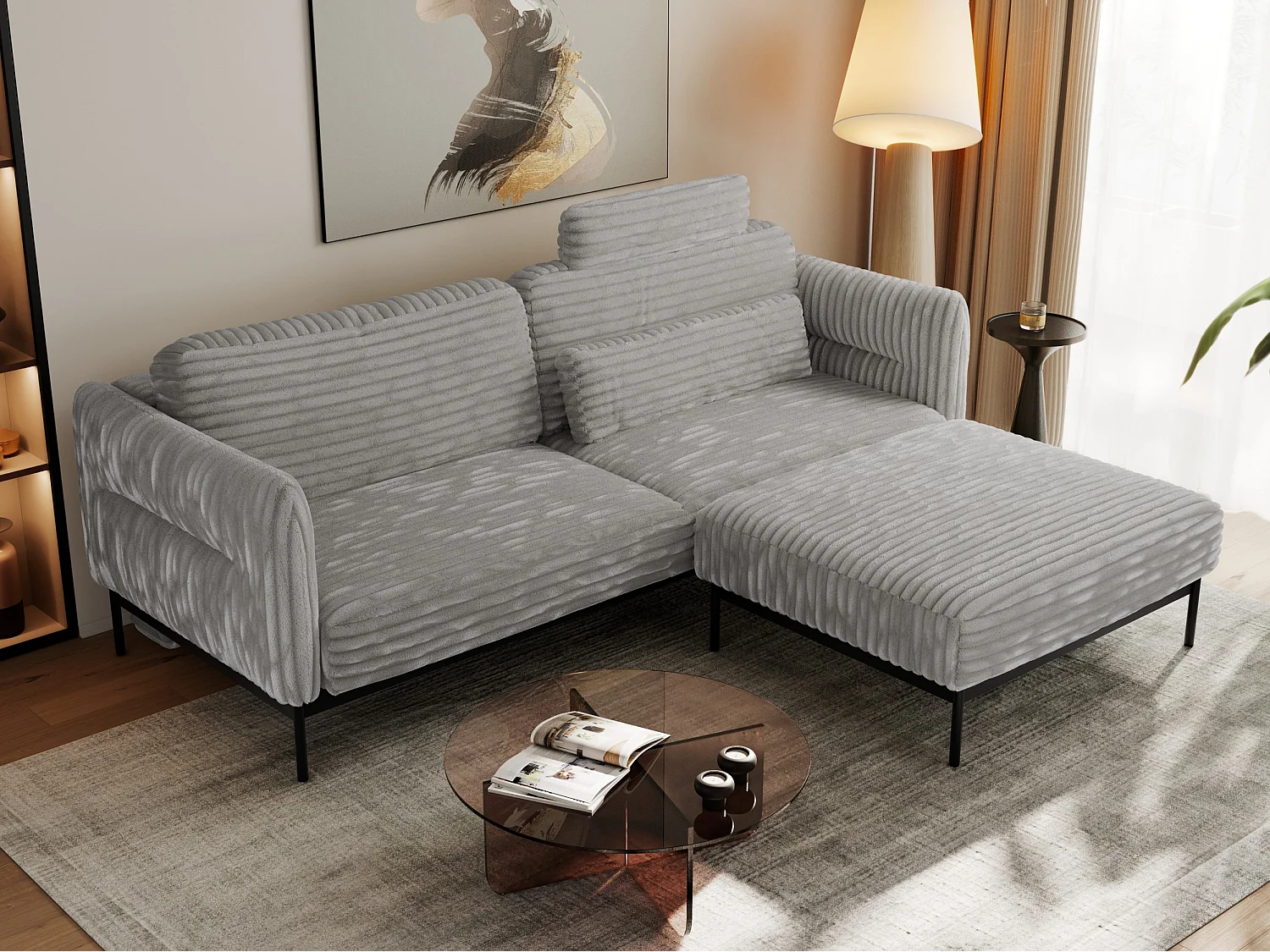 Ecksofa SALENTO - mit Metallbeine, Schlafsofa, mobilen Fußhocker, lose Kissen - Hellgrau Cord