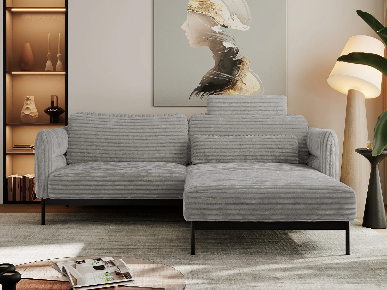 Ecksofa SALENTO - mit Metallbeine, Schlafsofa, mobilen Fußhocker, lose Kissen - Hellgrau Cord