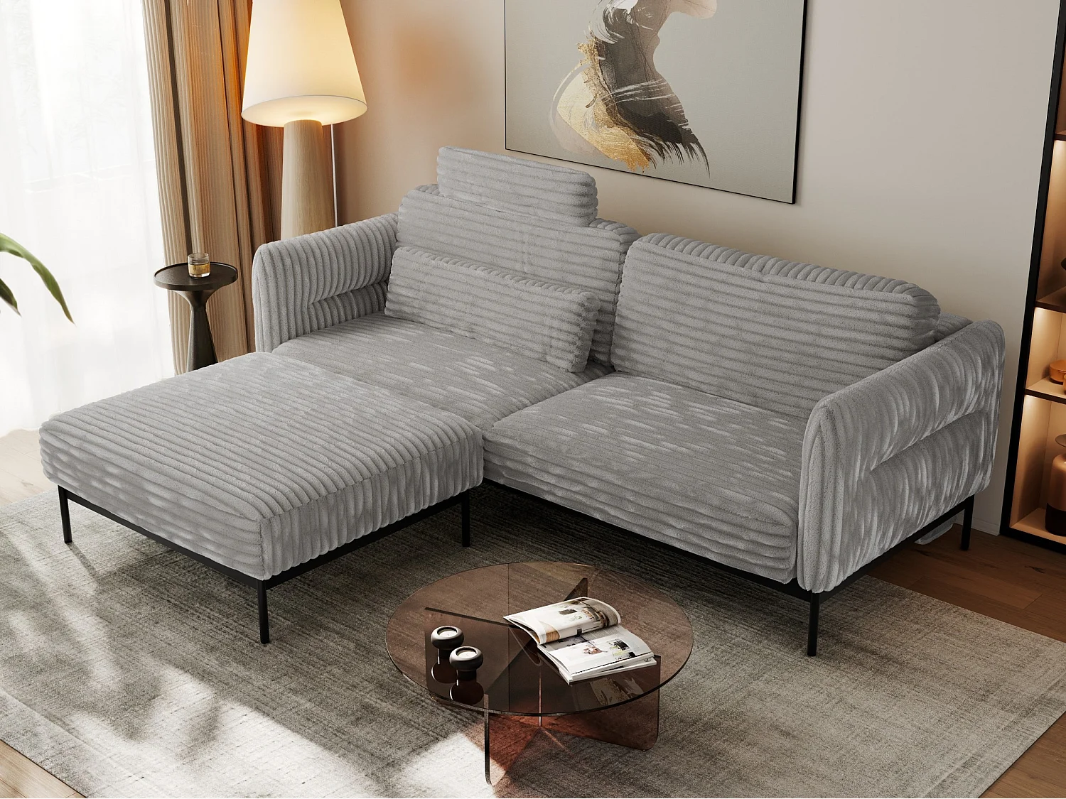 Ecksofa SALENTO - mit Metallbeine, Schlafsofa, mobilen Fußhocker, lose Kissen - Hellgrau Cord