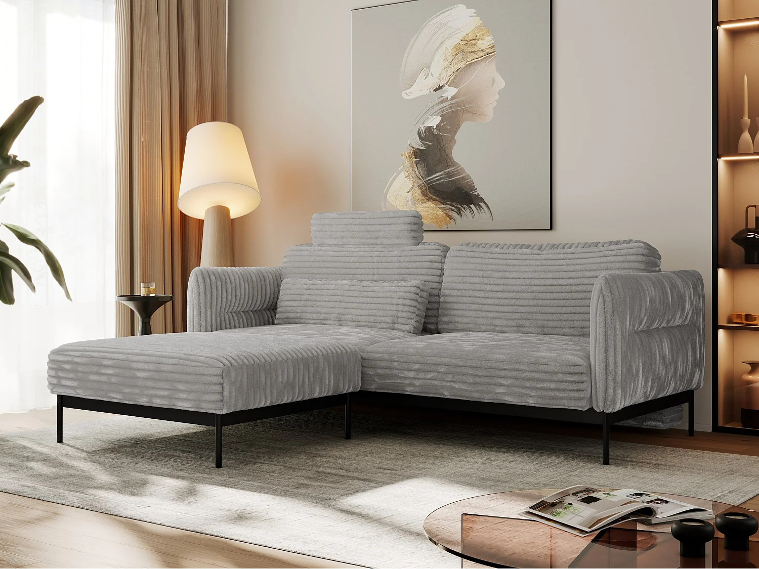 Ecksofa SALENTO - mit Metallbeine, Schlafsofa, mobilen Fußhocker, lose Kissen - Hellgrau Cord