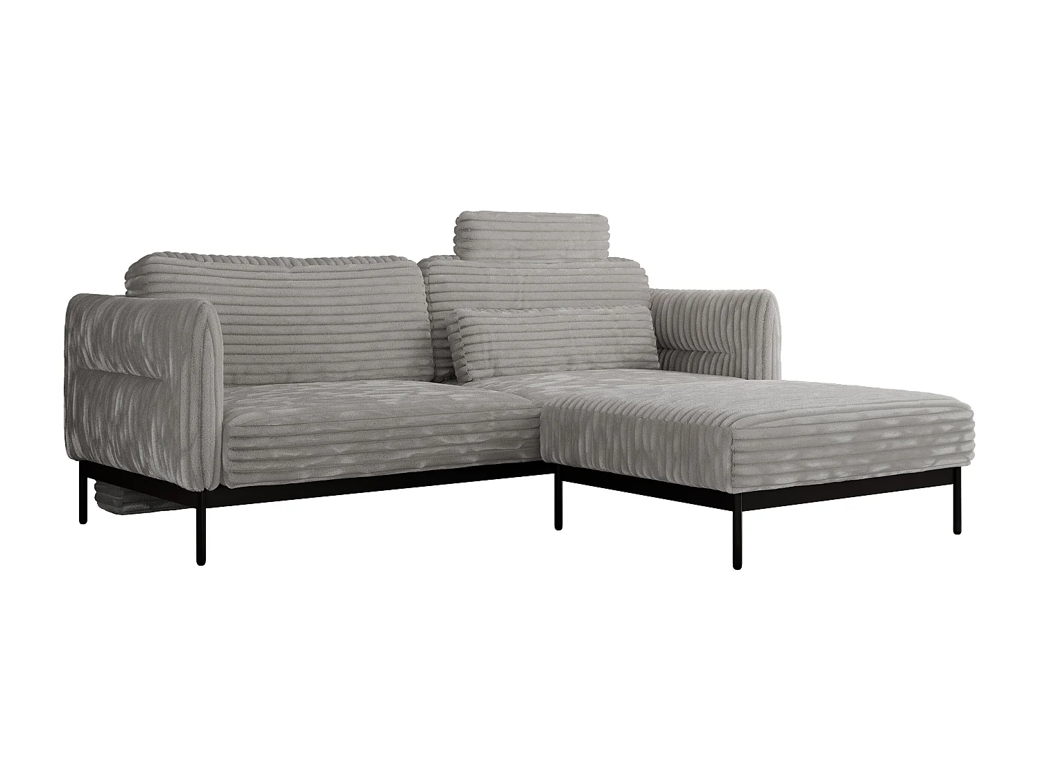 Ecksofa SALENTO - mit Metallbeine, Schlafsofa, mobilen Fußhocker, lose Kissen - Hellgrau Cord