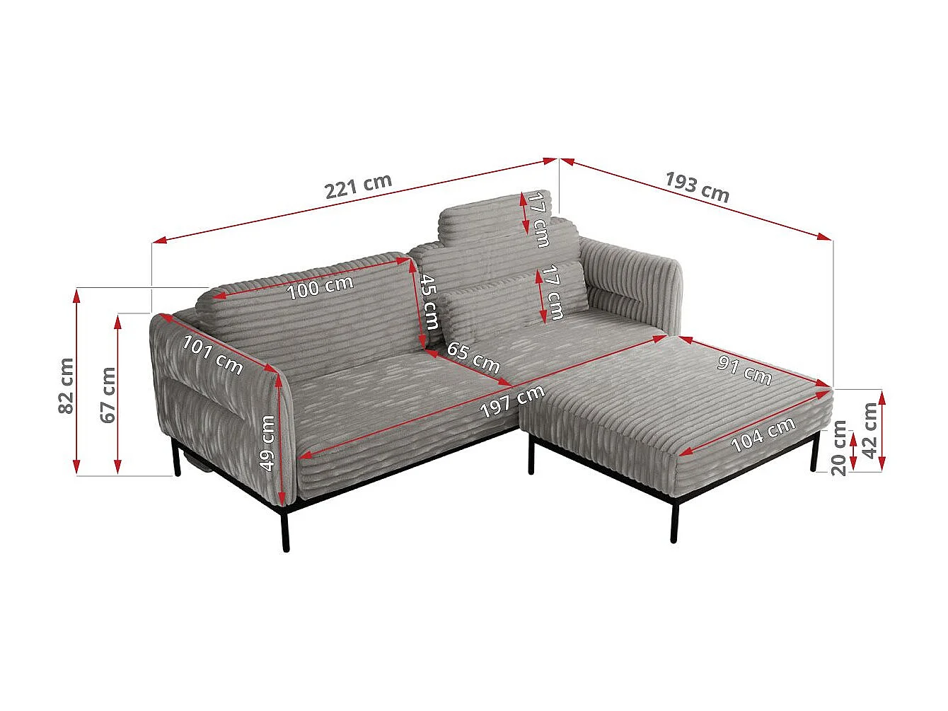 Ecksofa SALENTO - mit Metallbeine, Schlafsofa, mobilen Fußhocker, lose Kissen - Hellgrau Cord
