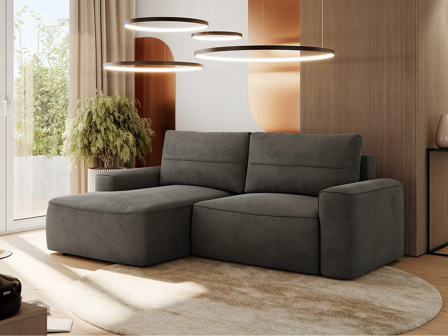 Ecksofa BELLUNO - Schlafsofa mit Bettkasten, Armlehnen, Couch L-form mit Schlaffunktion - Dunkelgrau Velvet - Ecke Links