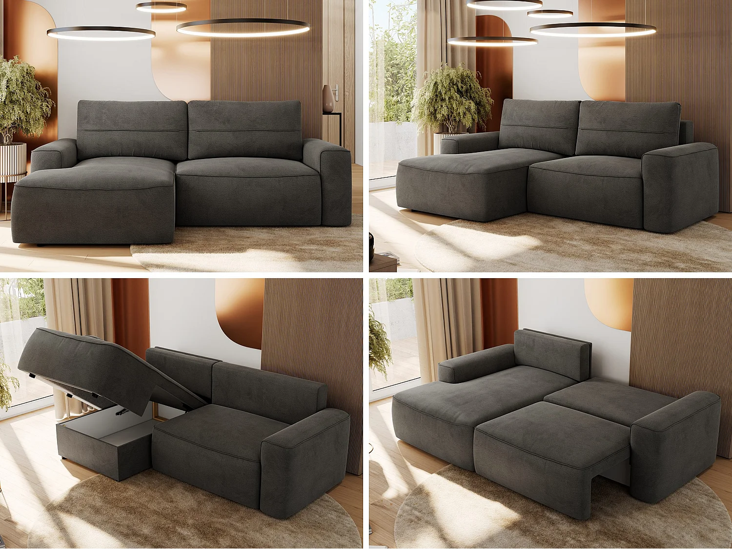 Ecksofa BELLUNO - Schlafsofa mit Bettkasten, Armlehnen, Couch L-form mit Schlaffunktion - Dunkelgrau Velvet - Ecke Links