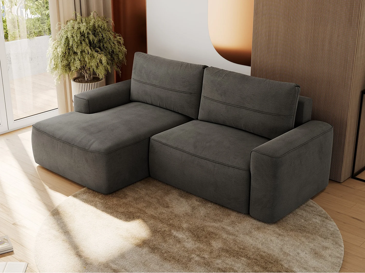 Ecksofa BELLUNO - Schlafsofa mit Bettkasten, Armlehnen, Couch L-form mit Schlaffunktion - Dunkelgrau Velvet - Ecke Links