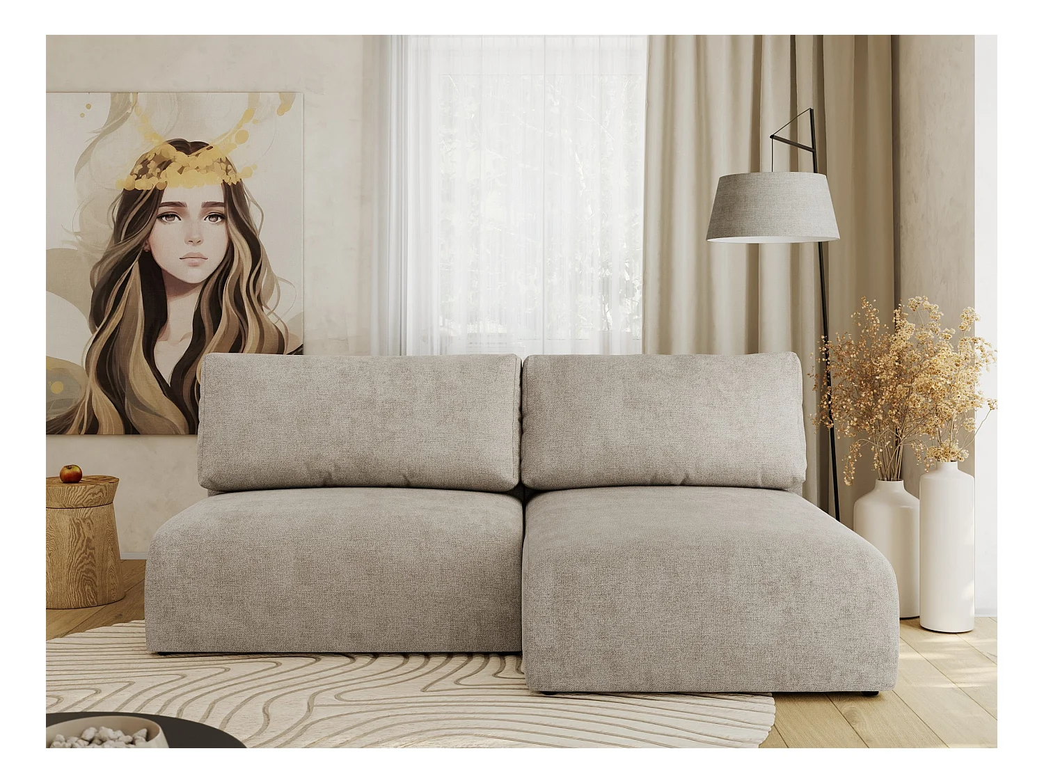Ecksofa VIVO - L-form Couch mit Schlaffunktion und Bettkasten, Wellenfeder - Beige Struktur - Ecke Rechts