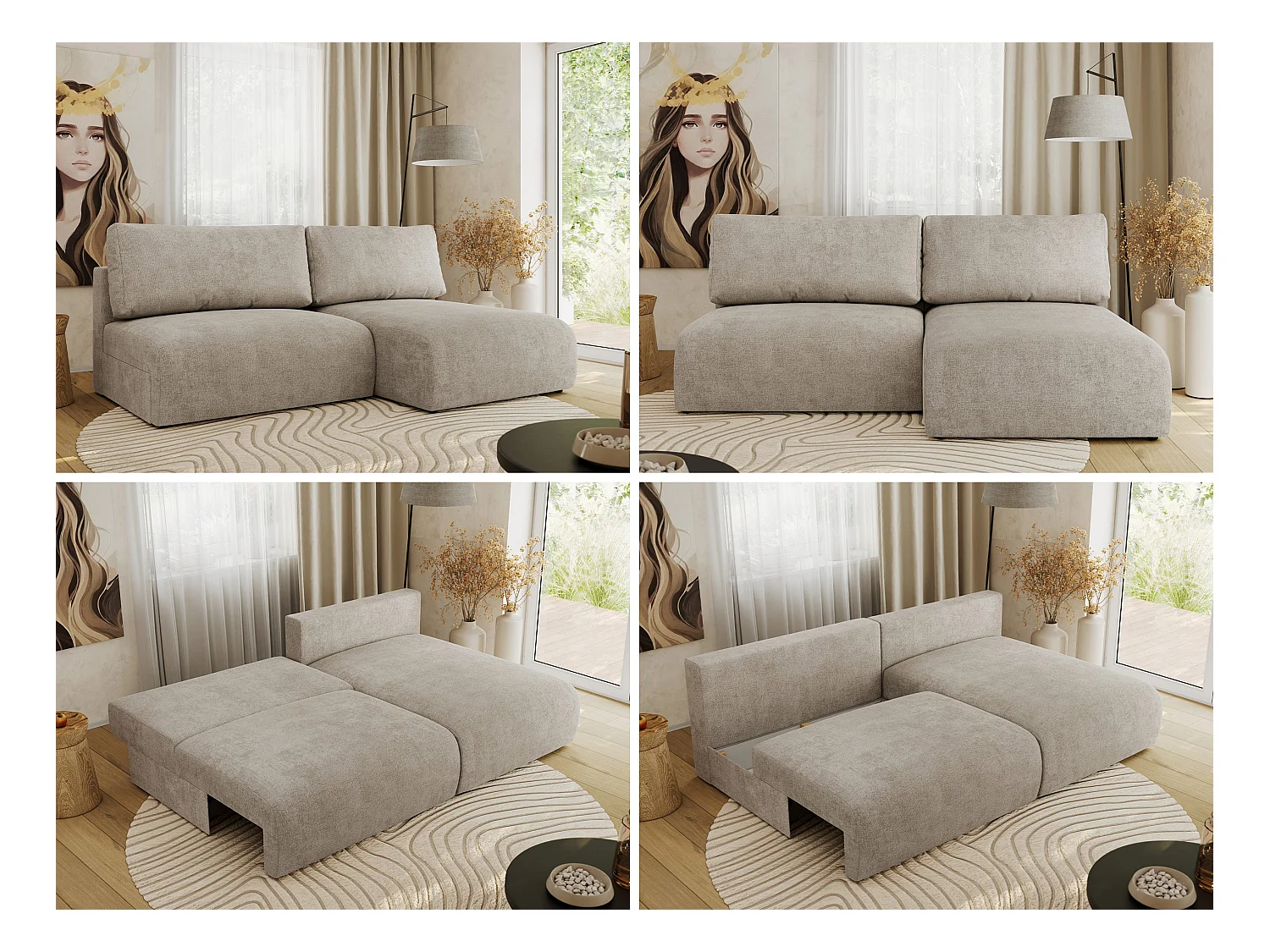 Ecksofa VIVO - L-form Couch mit Schlaffunktion und Bettkasten, Wellenfeder - Beige Struktur - Ecke Rechts