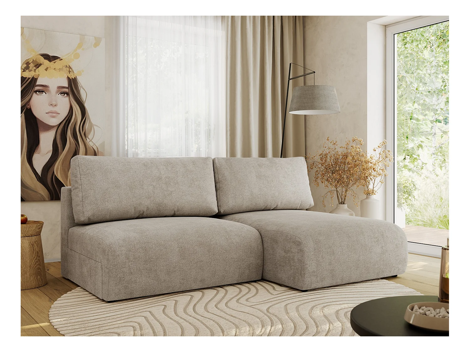 Ecksofa VIVO - L-form Couch mit Schlaffunktion und Bettkasten, Wellenfeder - Beige Struktur - Ecke Rechts