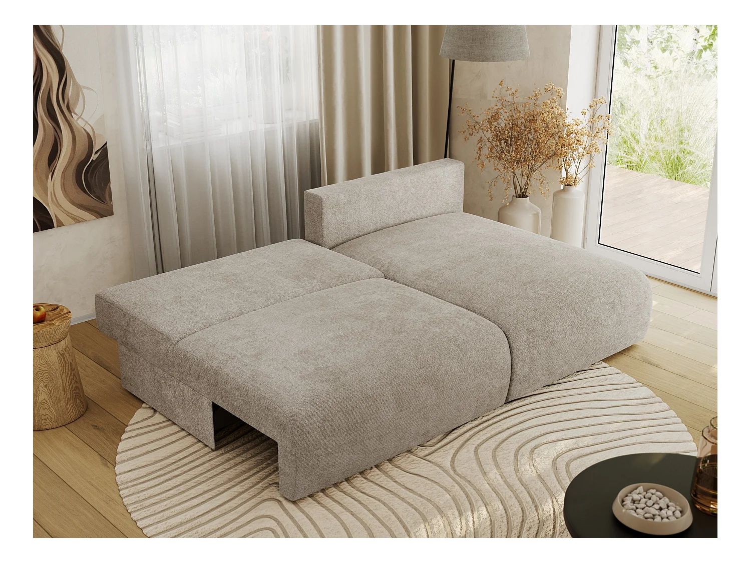 Ecksofa VIVO - L-form Couch mit Schlaffunktion und Bettkasten, Wellenfeder - Beige Struktur - Ecke Rechts