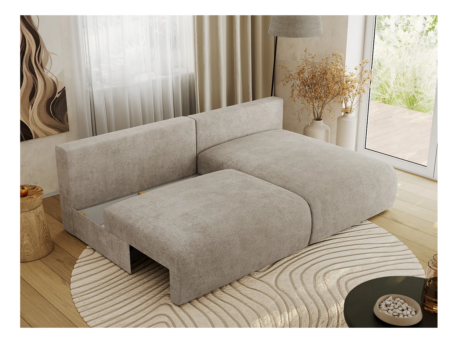 Ecksofa VIVO - L-form Couch mit Schlaffunktion und Bettkasten, Wellenfeder - Beige Struktur - Ecke Rechts