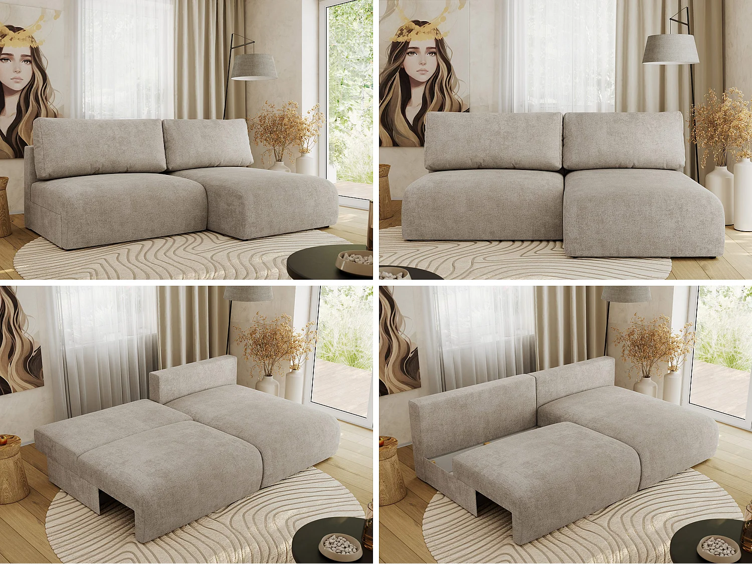 Ecksofa VIVO - L-form Couch mit Schlaffunktion und Bettkasten, Wellenfeder - Beige Struktur - Ecke Rechts