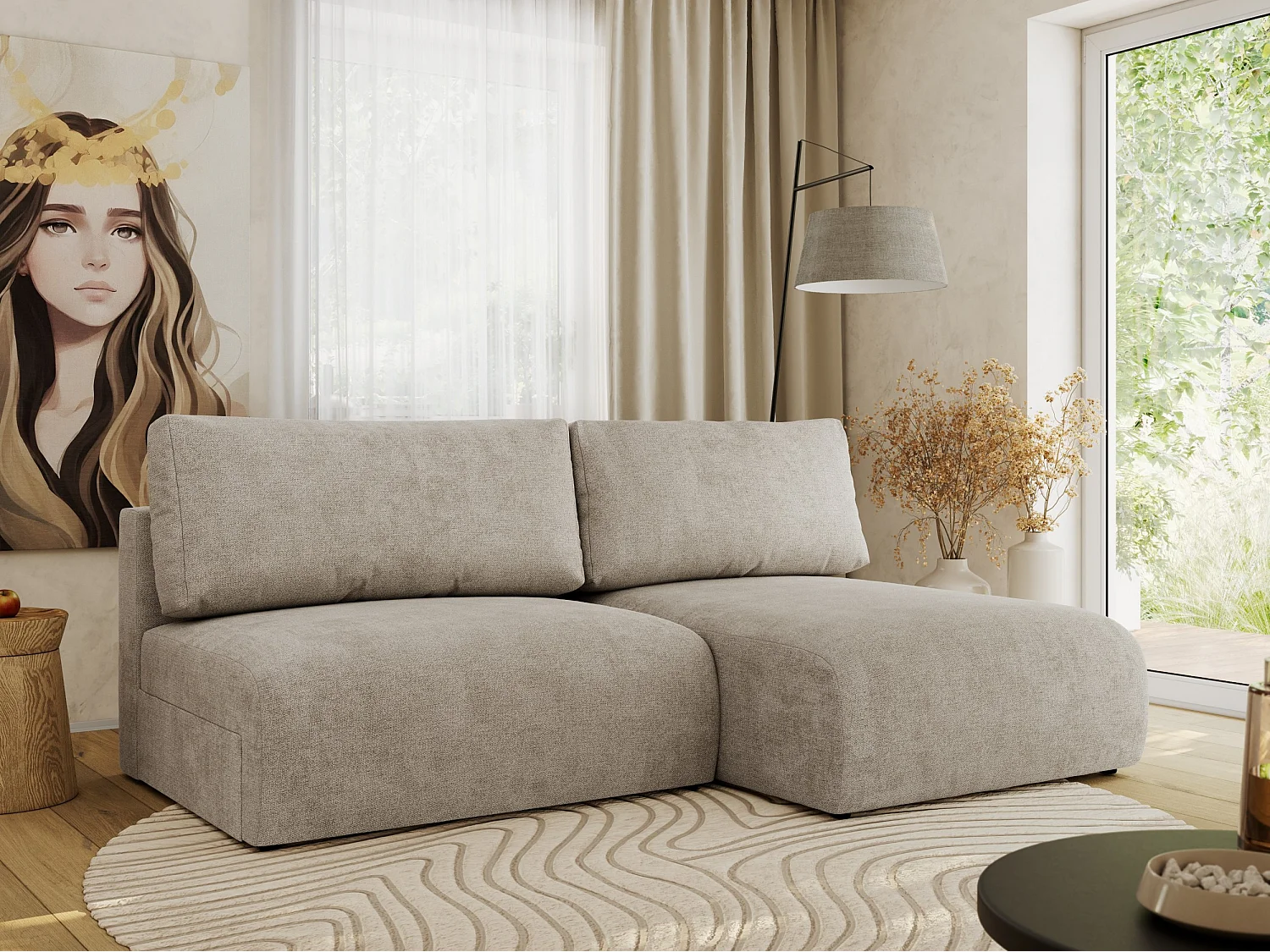 Ecksofa VIVO - L-form Couch mit Schlaffunktion und Bettkasten, Wellenfeder - Beige Struktur - Ecke Rechts