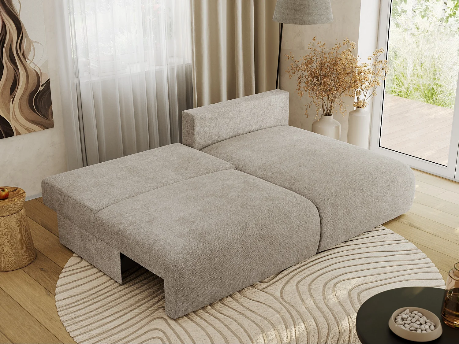 Ecksofa VIVO - L-form Couch mit Schlaffunktion und Bettkasten, Wellenfeder - Beige Struktur - Ecke Rechts