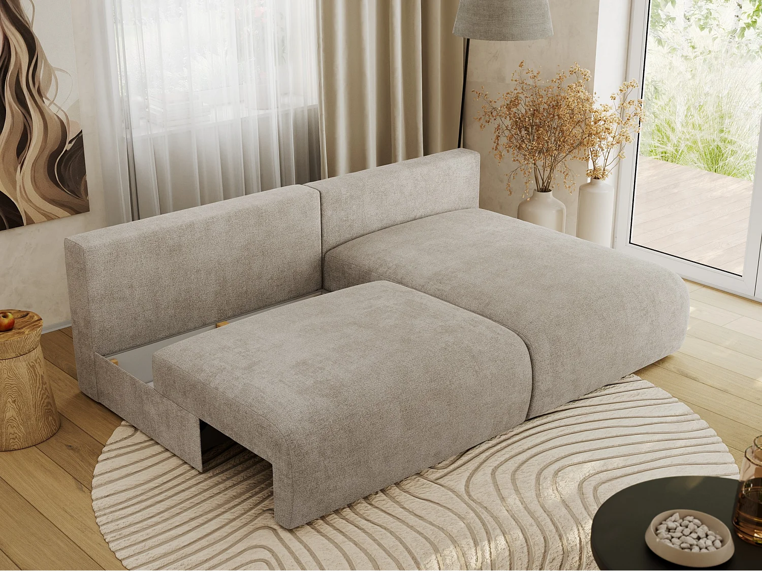 Ecksofa VIVO - L-form Couch mit Schlaffunktion und Bettkasten, Wellenfeder - Beige Struktur - Ecke Rechts