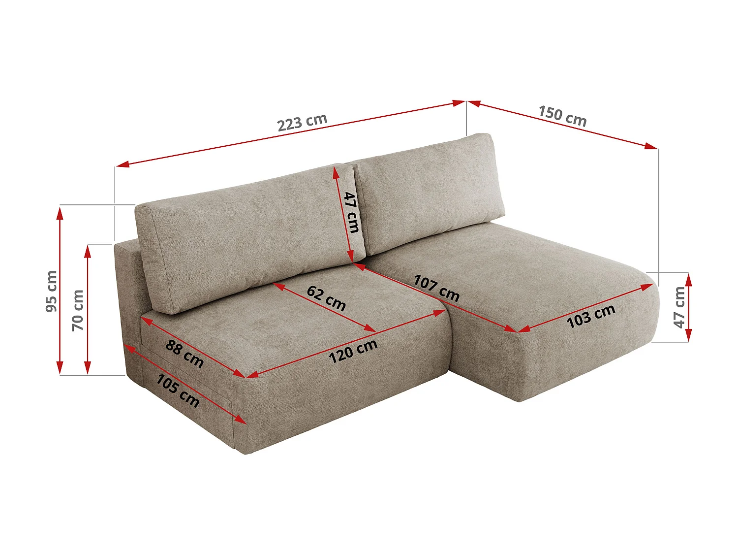 Ecksofa VIVO - L-form Couch mit Schlaffunktion und Bettkasten, Wellenfeder - Beige Struktur - Ecke Rechts