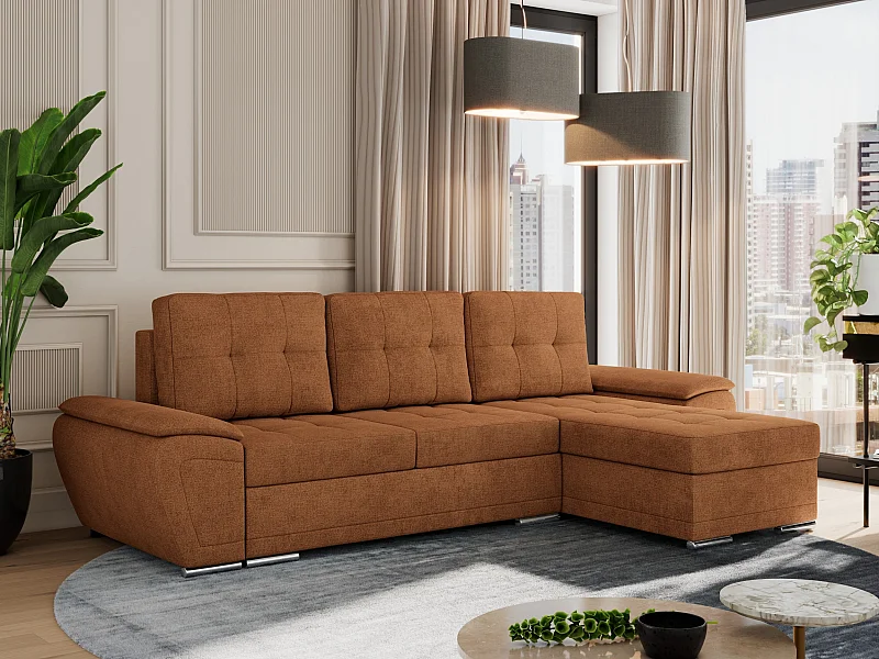 Ecksofa UMBRIA - universell L-form Couch, Schlaffunktion und Bettkasten, gesteppte Ecke - Orange Stukture
