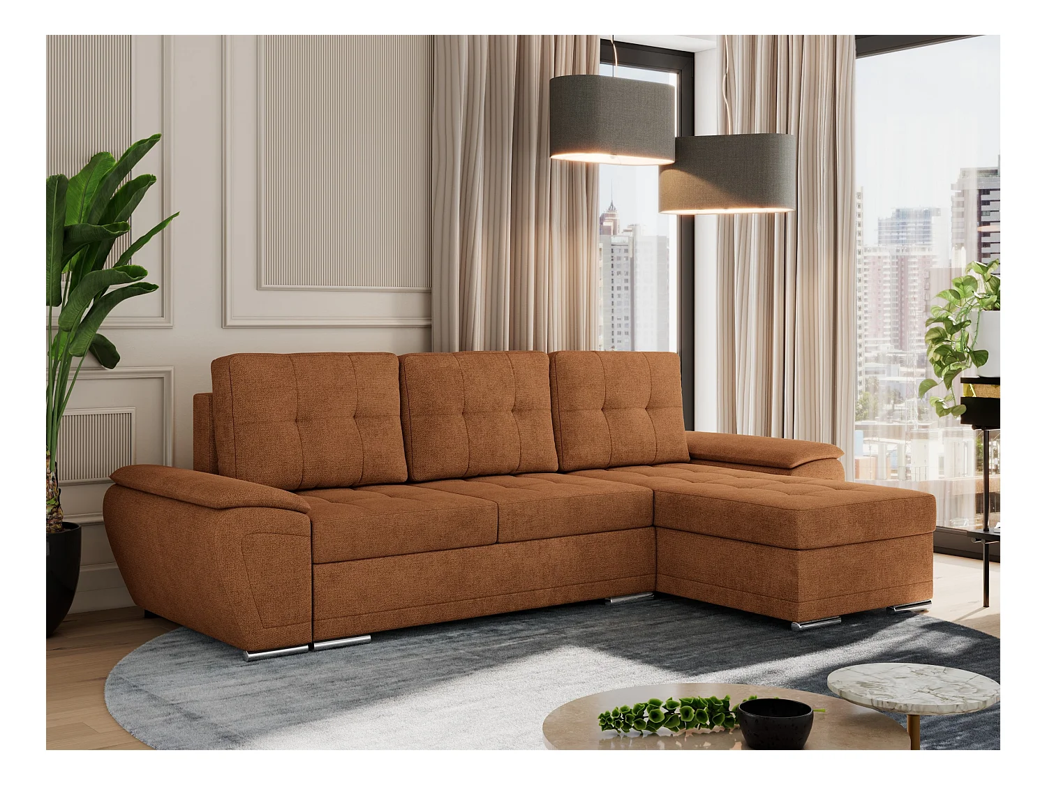 Ecksofa UMBRIA - universell L-form Couch, Schlaffunktion und Bettkasten, gesteppte Ecke - Orange Stukture