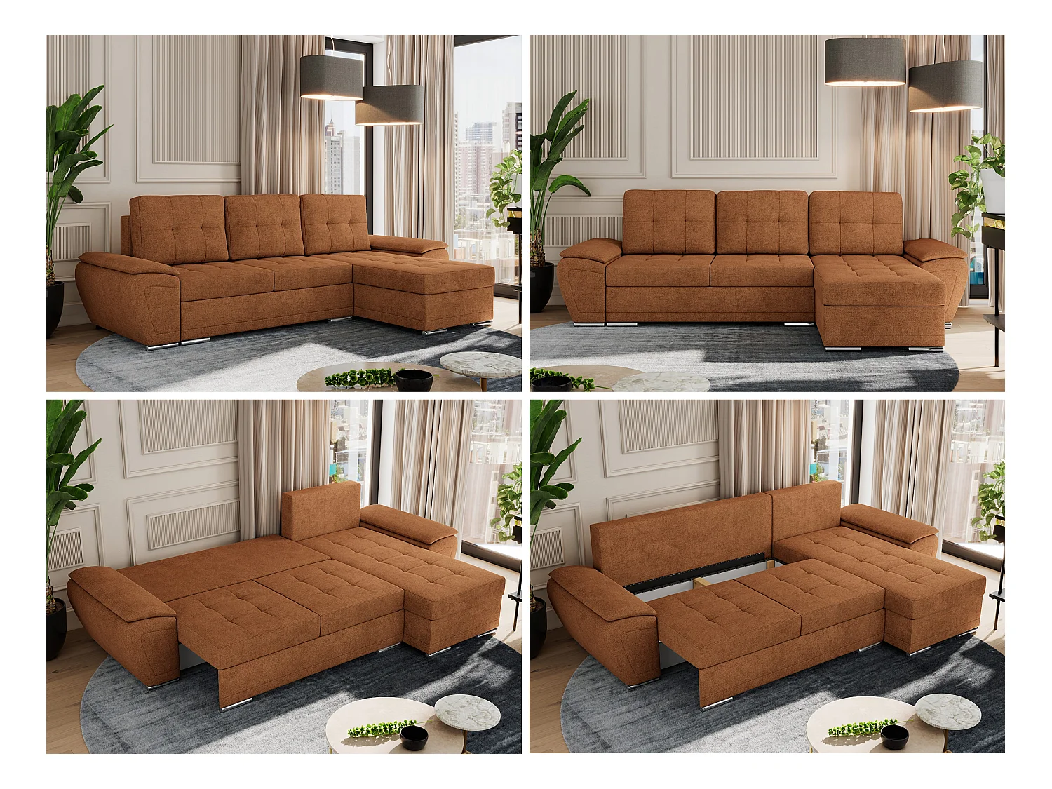 Ecksofa UMBRIA - universell L-form Couch, Schlaffunktion und Bettkasten, gesteppte Ecke - Orange Stukture