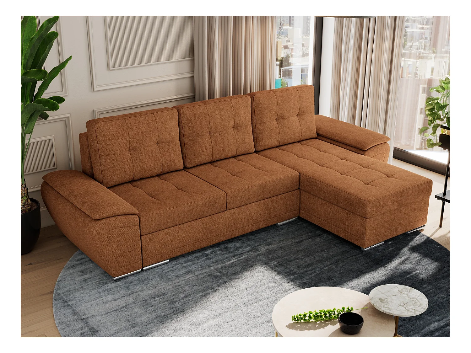Ecksofa UMBRIA - universell L-form Couch, Schlaffunktion und Bettkasten, gesteppte Ecke - Orange Stukture