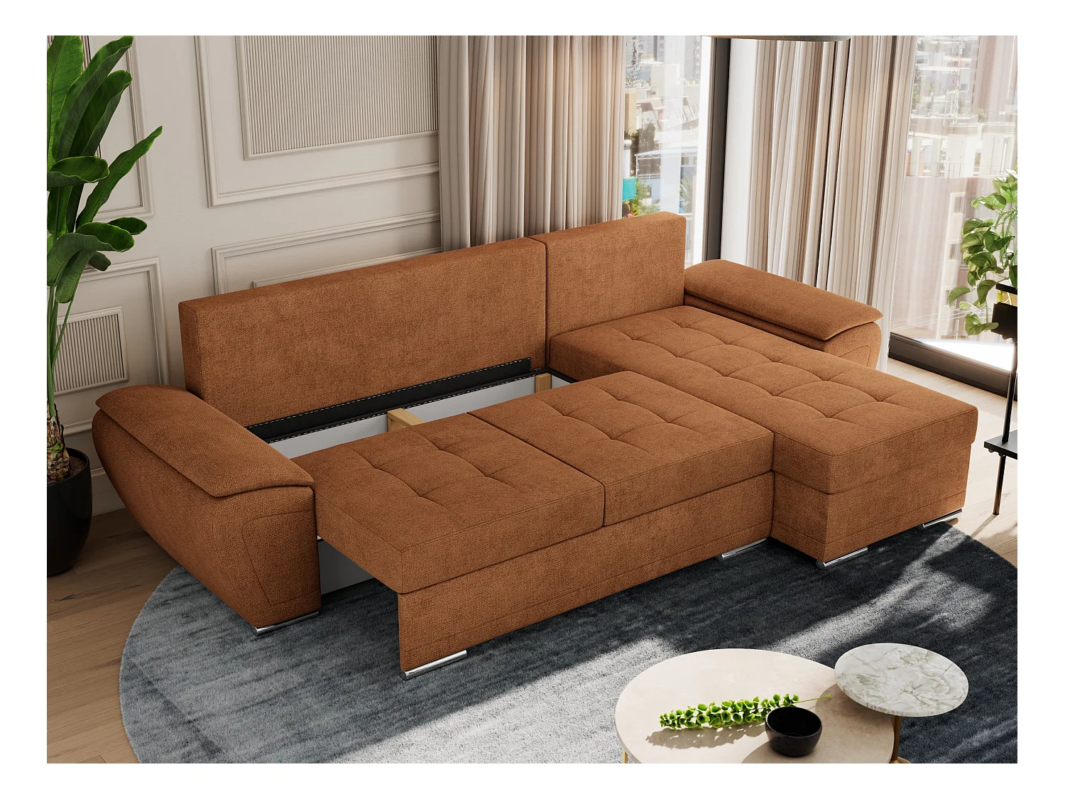 Ecksofa UMBRIA - universell L-form Couch, Schlaffunktion und Bettkasten, gesteppte Ecke - Orange Stukture
