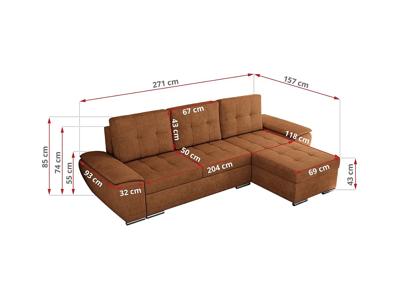 Ecksofa UMBRIA - universell L-form Couch, Schlaffunktion und Bettkasten, gesteppte Ecke - Orange Stukture