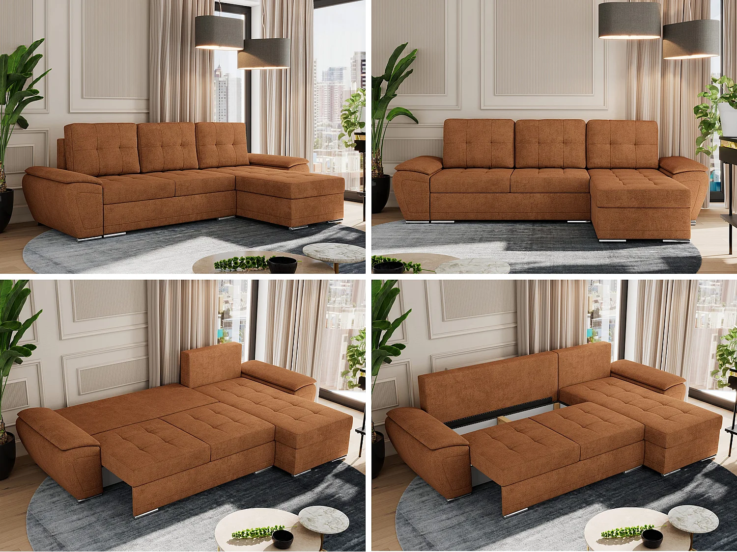 Ecksofa UMBRIA - universell L-form Couch, Schlaffunktion und Bettkasten, gesteppte Ecke - Orange Stukture