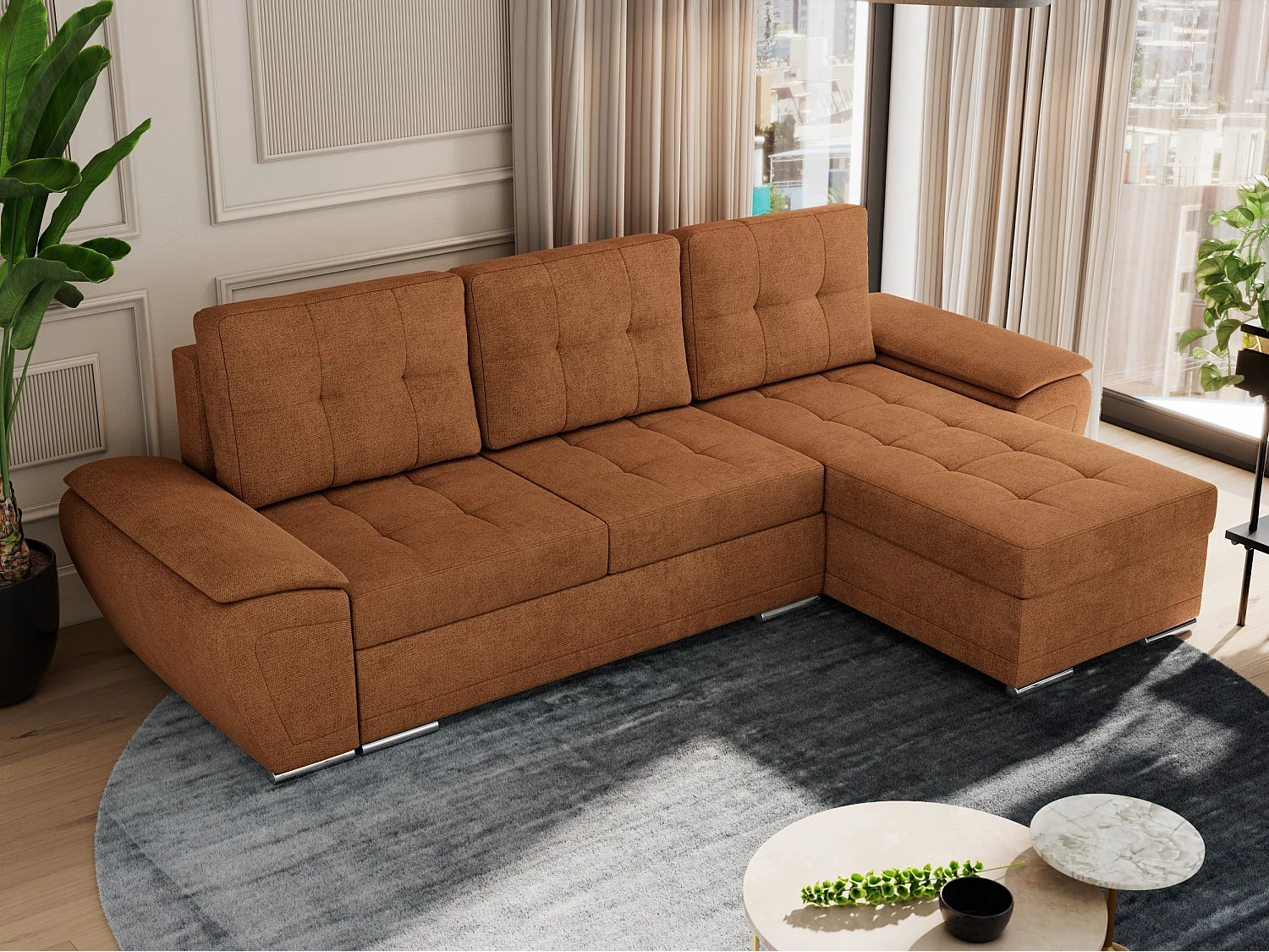 Ecksofa UMBRIA - universell L-form Couch, Schlaffunktion und Bettkasten, gesteppte Ecke - Orange Stukture
