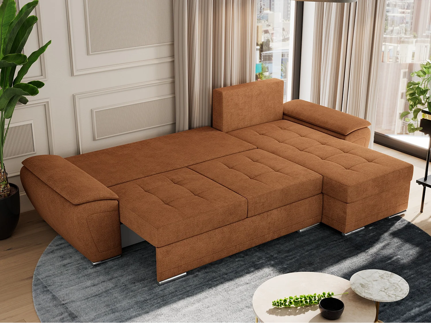 Ecksofa UMBRIA - universell L-form Couch, Schlaffunktion und Bettkasten, gesteppte Ecke - Orange Stukture