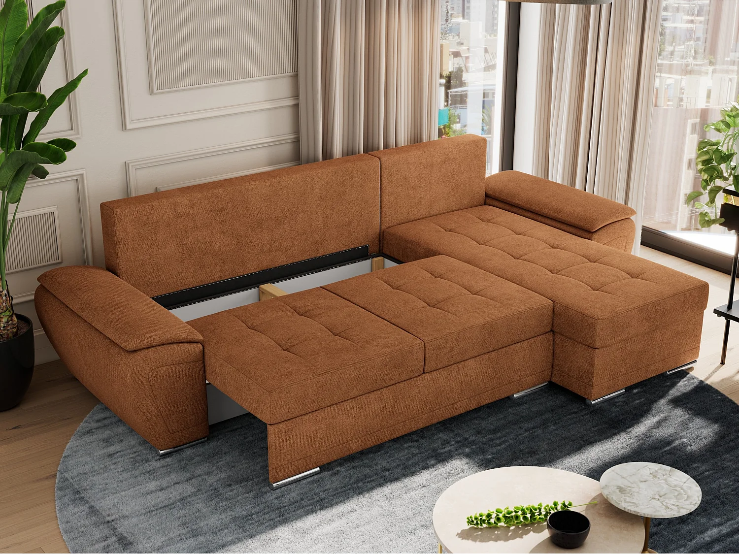 Ecksofa UMBRIA - universell L-form Couch, Schlaffunktion und Bettkasten, gesteppte Ecke - Orange Stukture