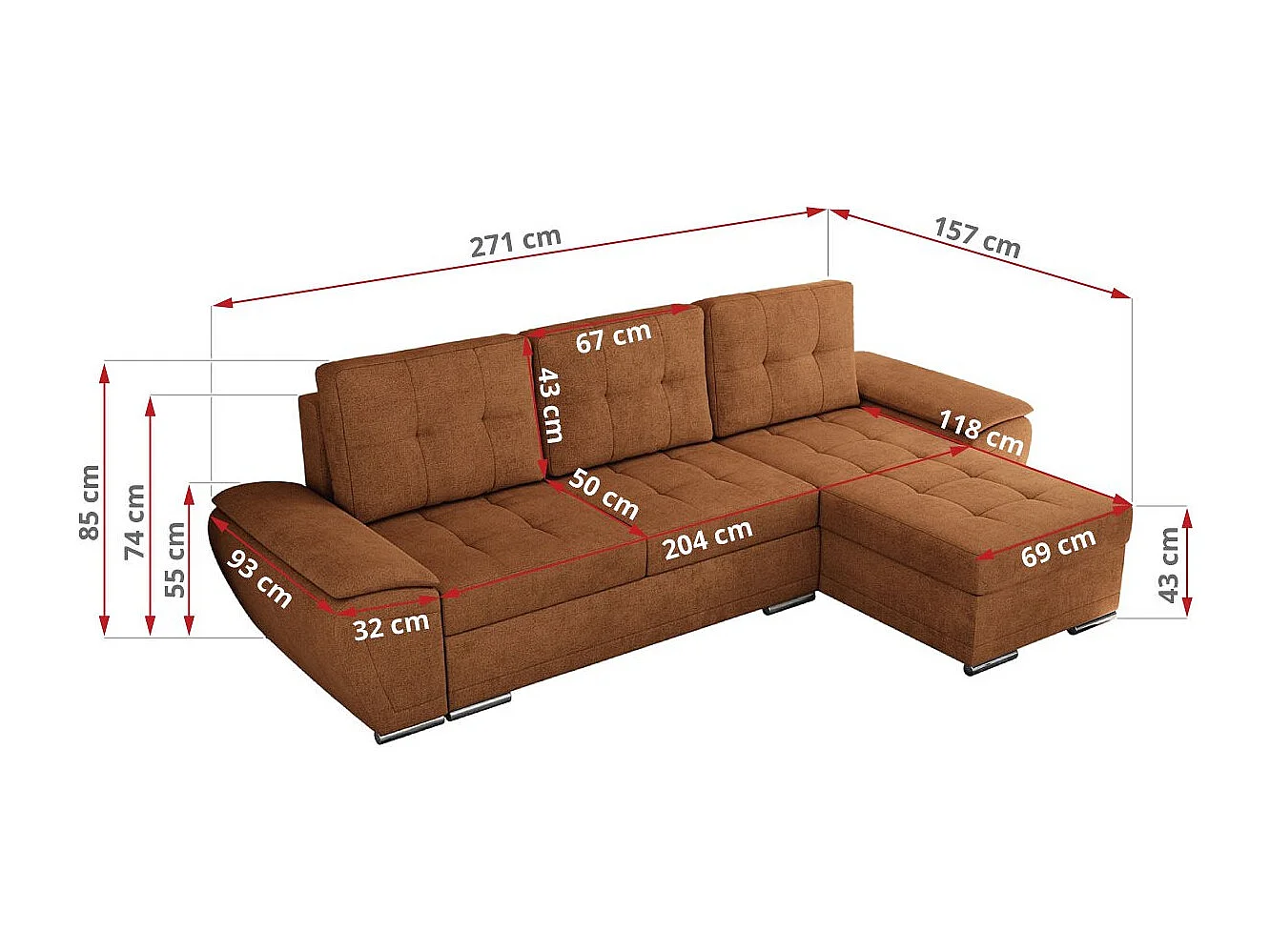 Ecksofa UMBRIA - universell L-form Couch, Schlaffunktion und Bettkasten, gesteppte Ecke - Orange Stukture