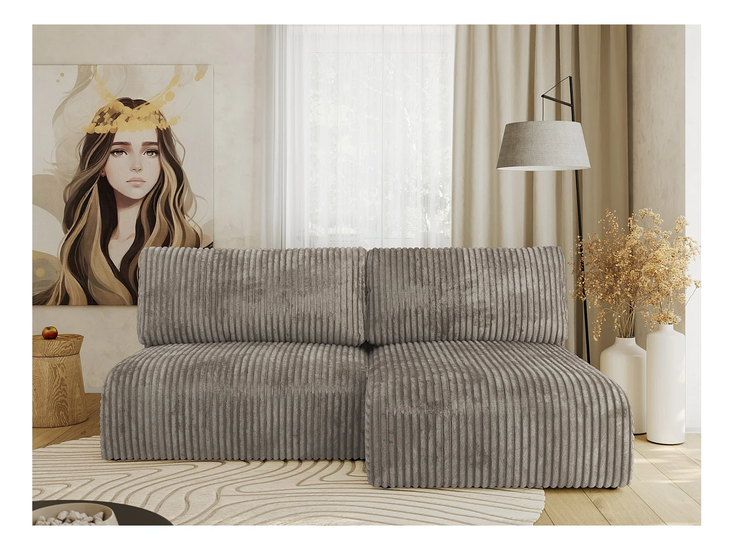 Ecksofa VIVO - L-form Couch mit Schlaffunktion und Bettkasten, Wellenfeder - Hellbraun Cord - Ecke Rechts