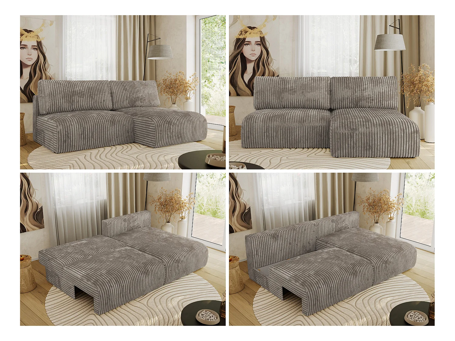 Ecksofa VIVO - L-form Couch mit Schlaffunktion und Bettkasten, Wellenfeder - Hellbraun Cord - Ecke Rechts