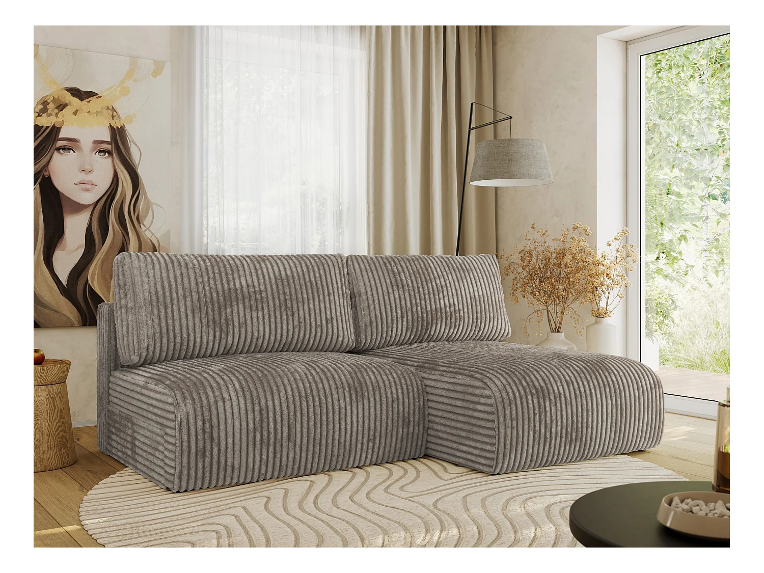 Ecksofa VIVO - L-form Couch mit Schlaffunktion und Bettkasten, Wellenfeder - Hellbraun Cord - Ecke Rechts
