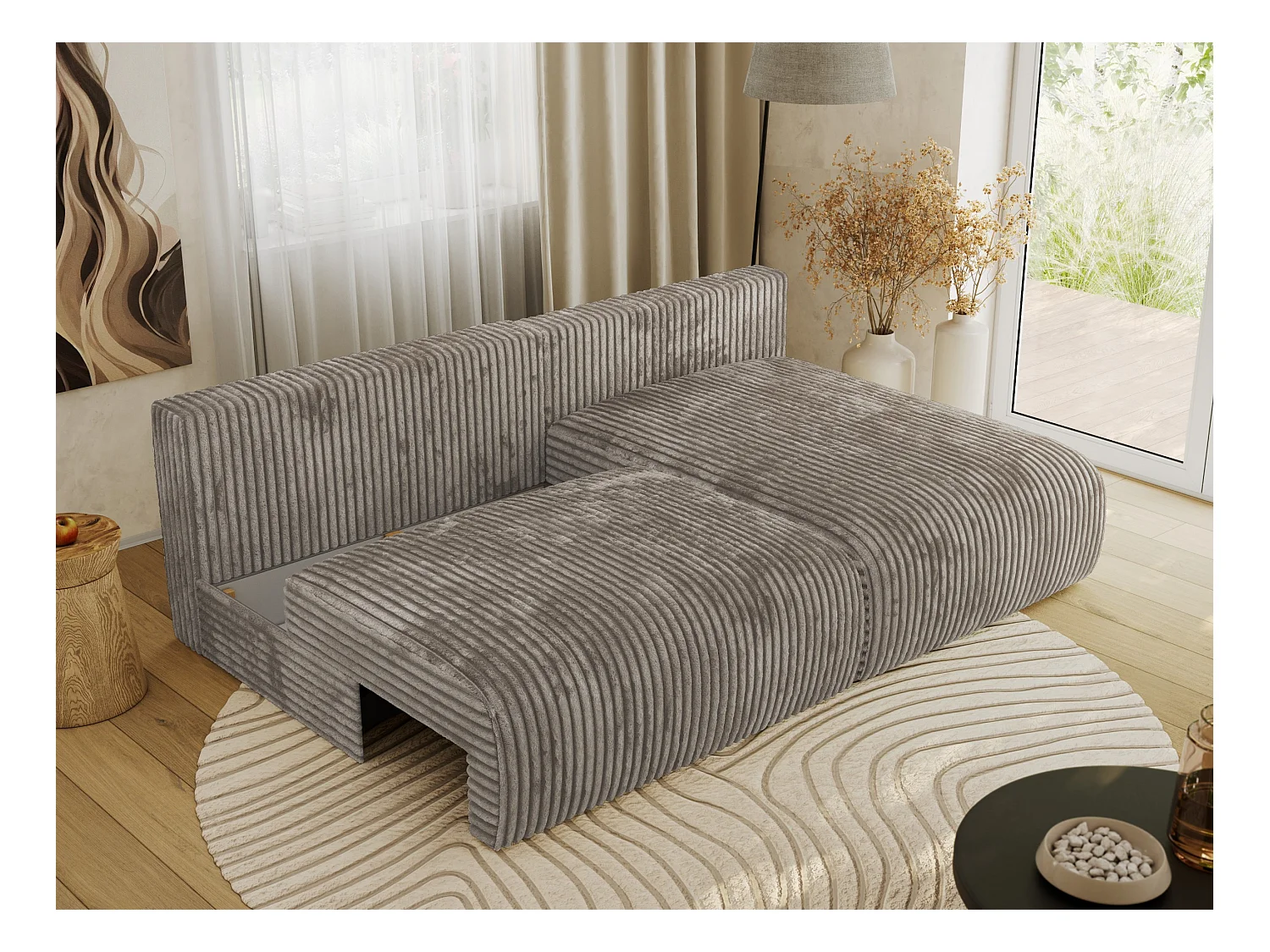 Ecksofa VIVO - L-form Couch mit Schlaffunktion und Bettkasten, Wellenfeder - Hellbraun Cord - Ecke Rechts
