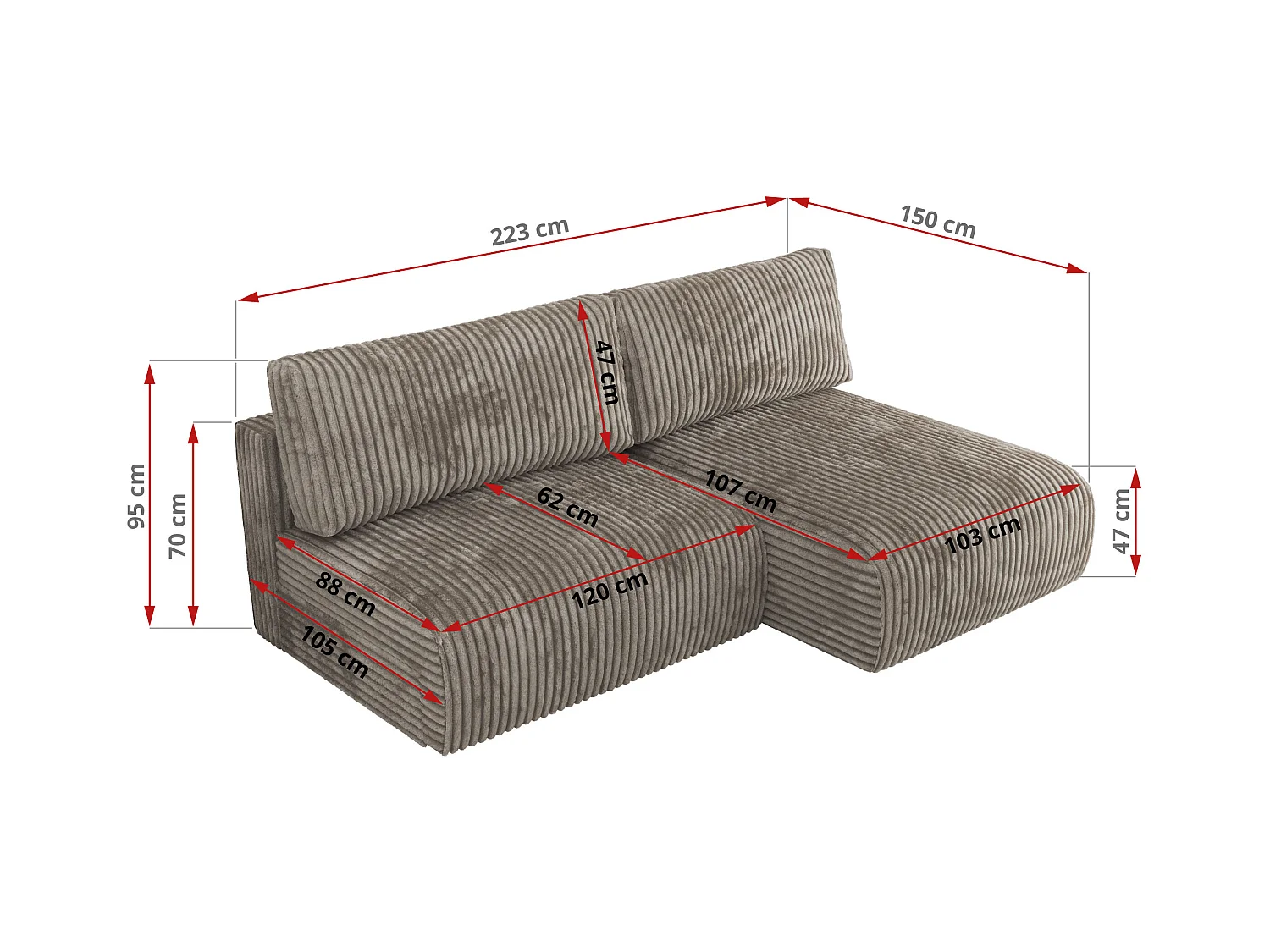 Ecksofa VIVO - L-form Couch mit Schlaffunktion und Bettkasten, Wellenfeder - Hellbraun Cord - Ecke Rechts