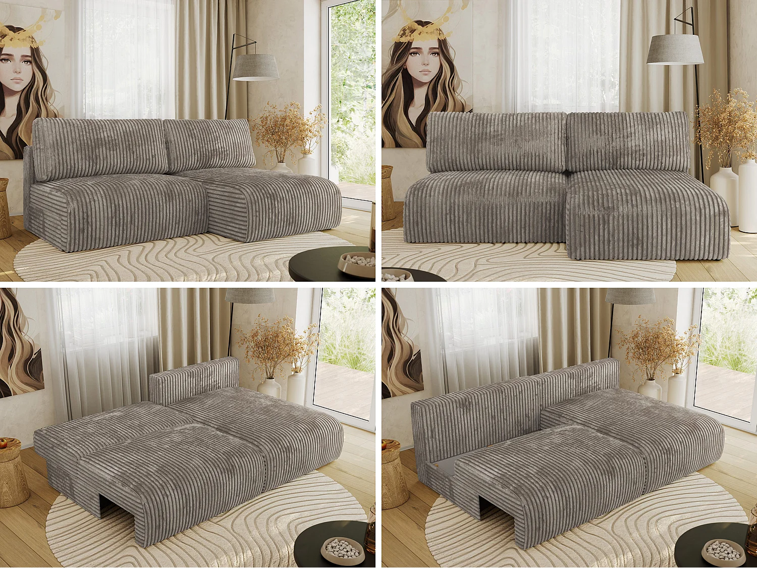 Ecksofa VIVO - L-form Couch mit Schlaffunktion und Bettkasten, Wellenfeder - Hellbraun Cord - Ecke Rechts
