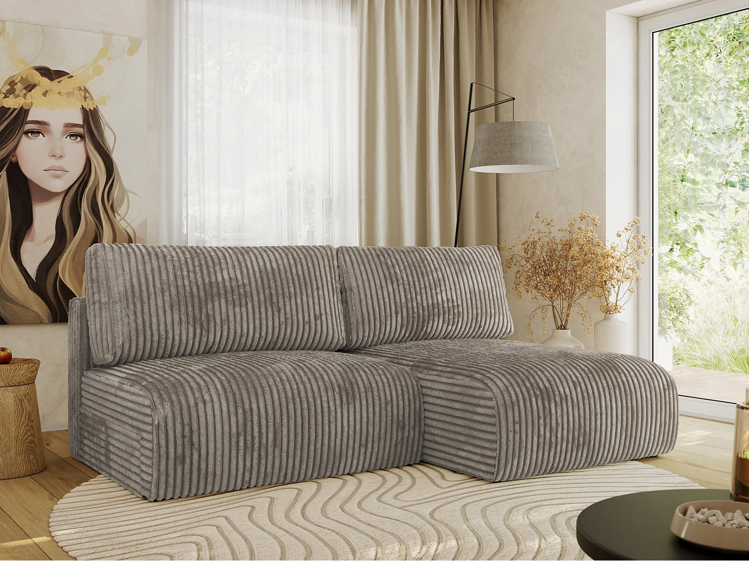 Ecksofa VIVO - L-form Couch mit Schlaffunktion und Bettkasten, Wellenfeder - Hellbraun Cord - Ecke Rechts