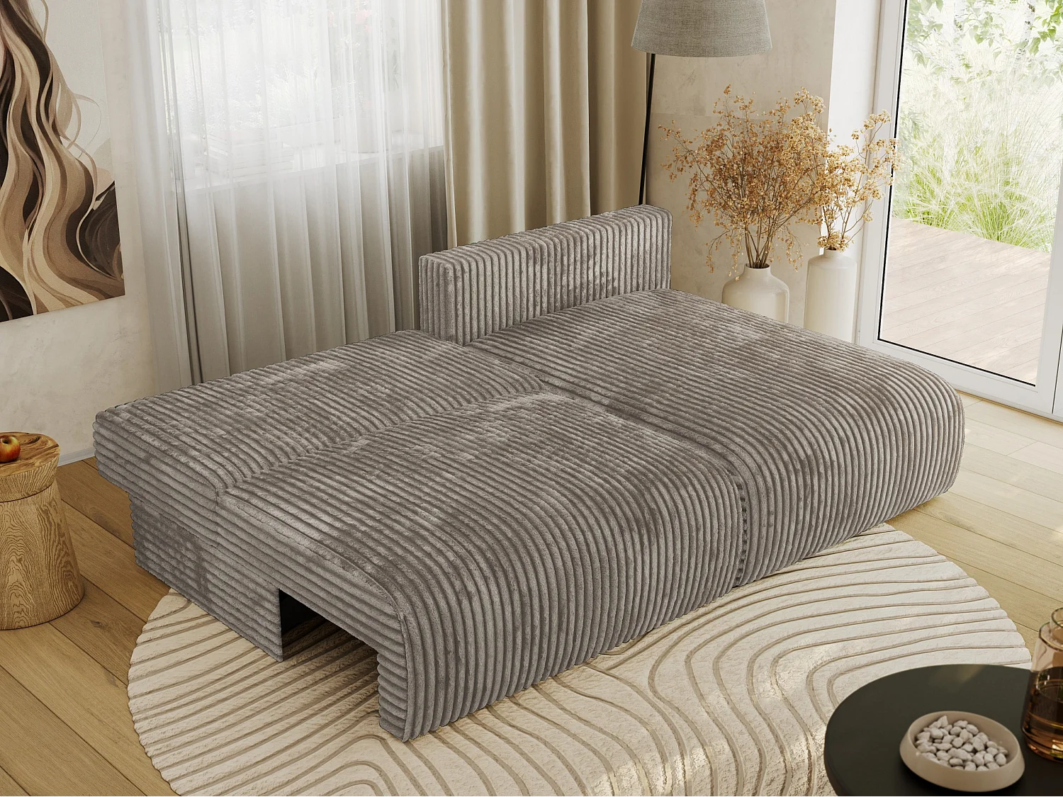 Ecksofa VIVO - L-form Couch mit Schlaffunktion und Bettkasten, Wellenfeder - Hellbraun Cord - Ecke Rechts