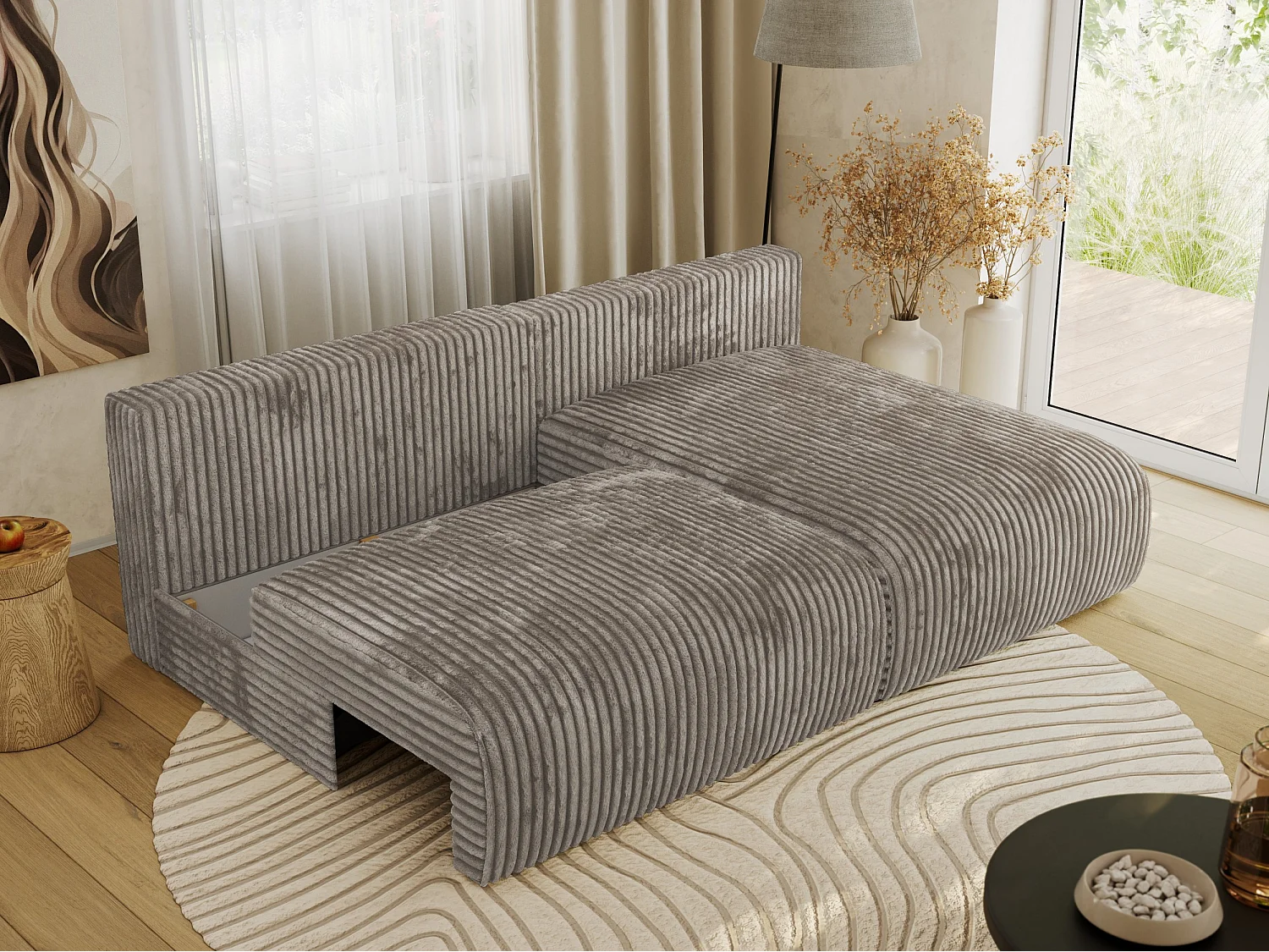 Ecksofa VIVO - L-form Couch mit Schlaffunktion und Bettkasten, Wellenfeder - Hellbraun Cord - Ecke Rechts