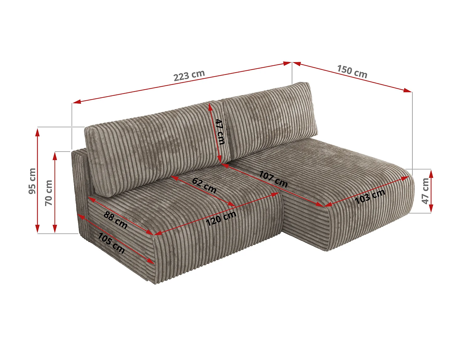 Ecksofa VIVO - L-form Couch mit Schlaffunktion und Bettkasten, Wellenfeder - Hellbraun Cord - Ecke Rechts