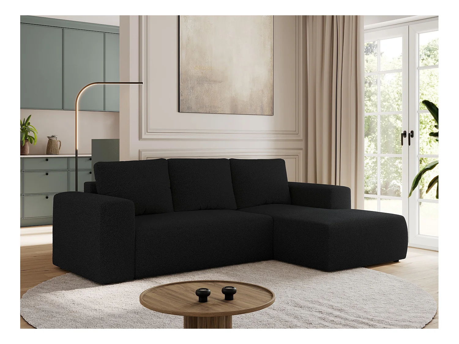 Ecksofa TRENTINO - mit Schlaffunktion und Bettkasten, L-form Couch, lose Kissen und Armlehnen - Schwarz Boucle - Ecke Rechts