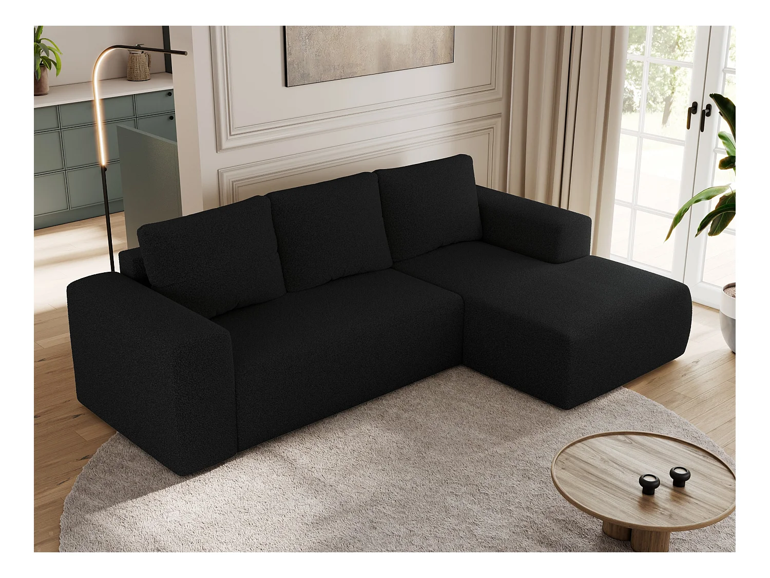 Ecksofa TRENTINO - mit Schlaffunktion und Bettkasten, L-form Couch, lose Kissen und Armlehnen - Schwarz Boucle - Ecke Rechts