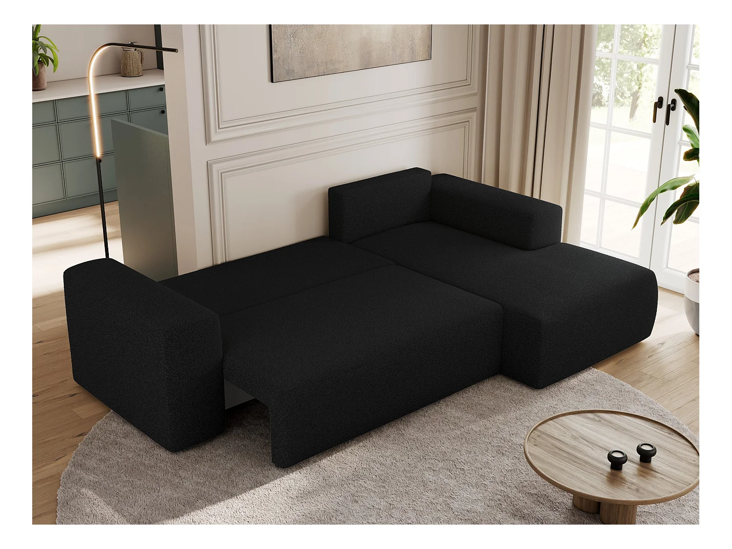 Ecksofa TRENTINO - mit Schlaffunktion und Bettkasten, L-form Couch, lose Kissen und Armlehnen - Schwarz Boucle - Ecke Rechts