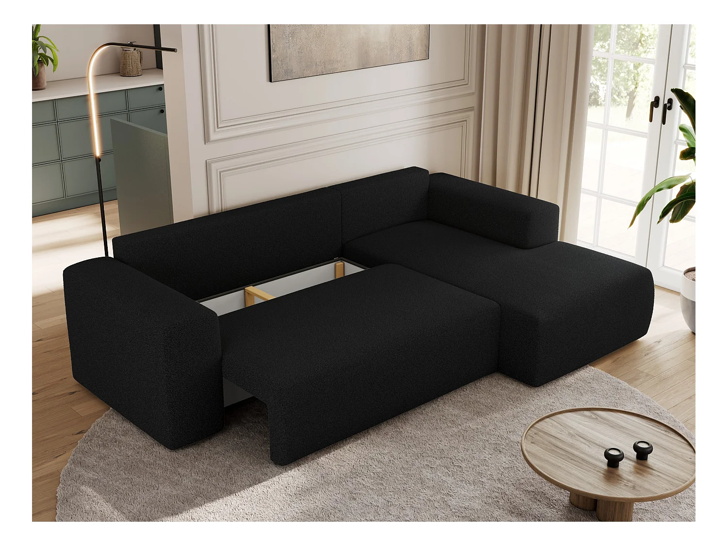 Ecksofa TRENTINO - mit Schlaffunktion und Bettkasten, L-form Couch, lose Kissen und Armlehnen - Schwarz Boucle - Ecke Rechts