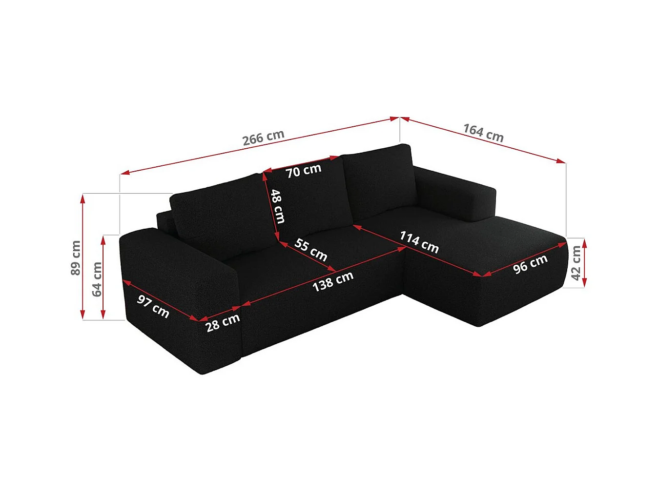 Ecksofa TRENTINO - mit Schlaffunktion und Bettkasten, L-form Couch, lose Kissen und Armlehnen - Schwarz Boucle - Ecke Rechts