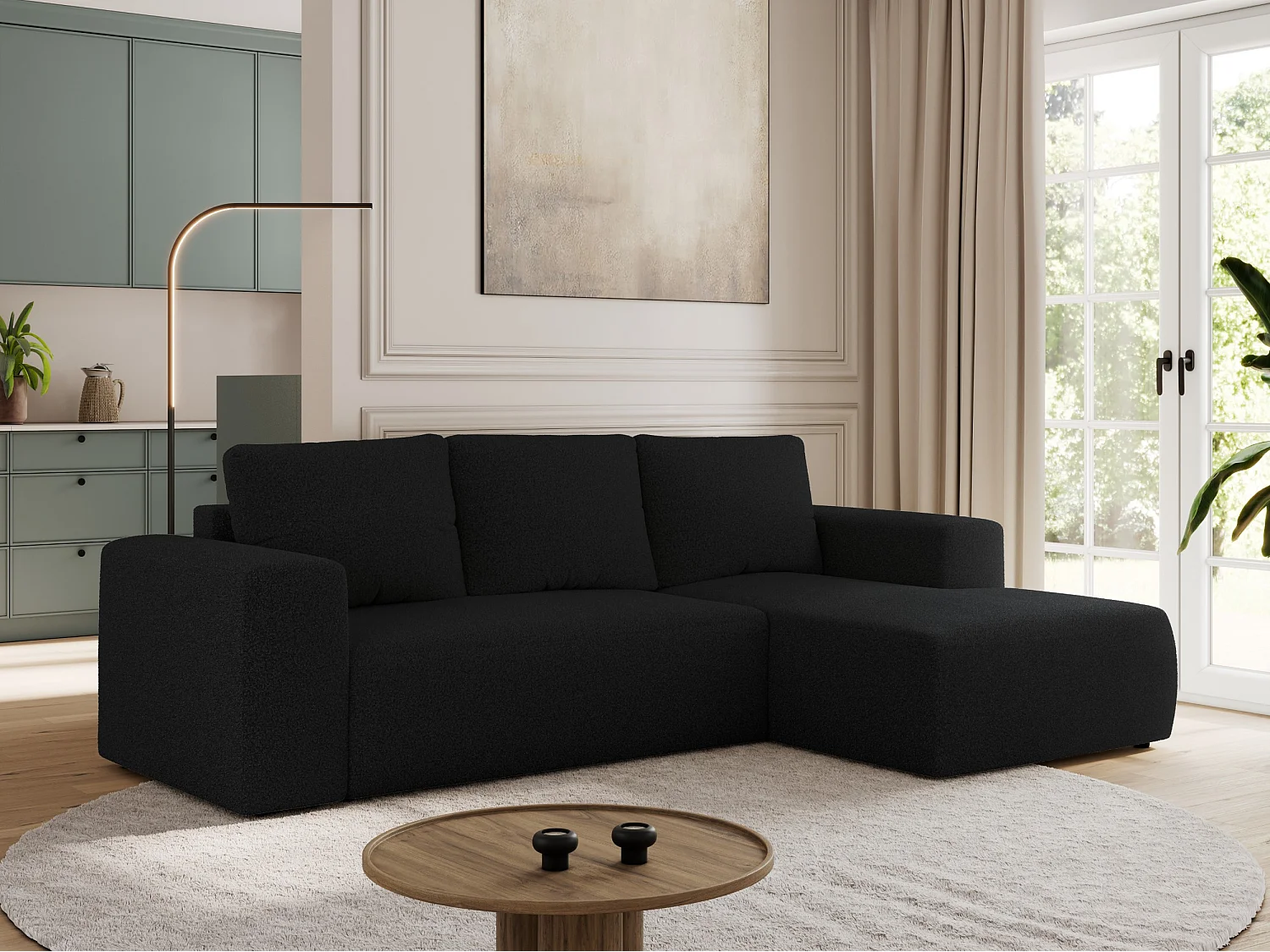 Ecksofa TRENTINO - mit Schlaffunktion und Bettkasten, L-form Couch, lose Kissen und Armlehnen - Schwarz Boucle - Ecke Rechts